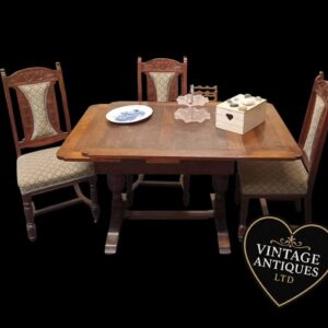 Antique Oak Draw-Leaf Dining Table & Six Carved Dining Chairs