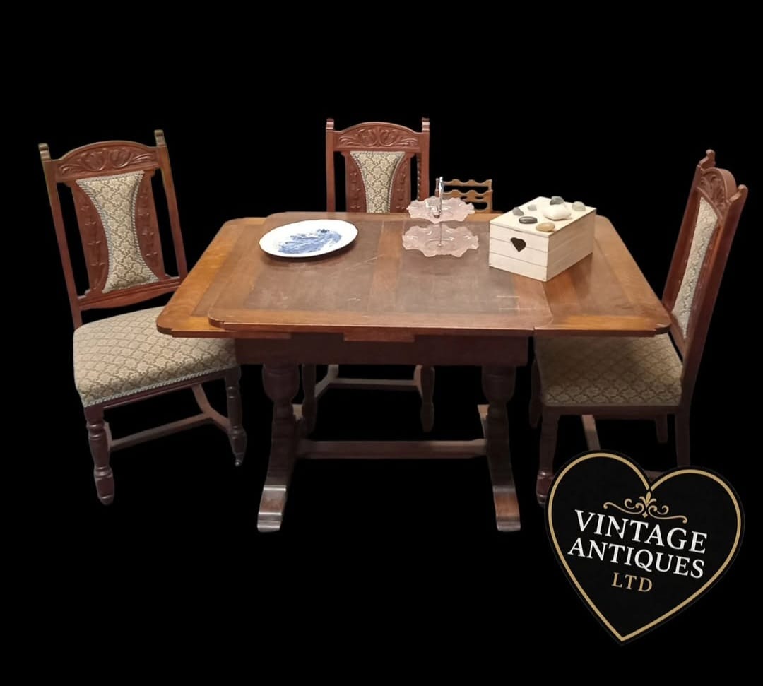 Antique Oak Draw-Leaf Dining Table & Six Carved Dining Chairs
