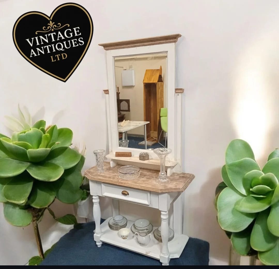 Upcycled Console Table with Tilting Dressing Mirror – White & Natural Wood