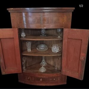 Antique Pine Corner Cabinet with Curved Shelving & Original Red-Painted Doors