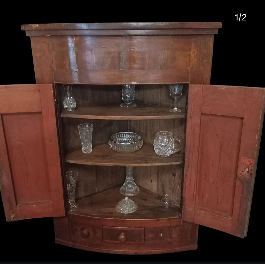 Antique Pine Corner Cabinet with Curved Shelving & Original Red-Painted Doors