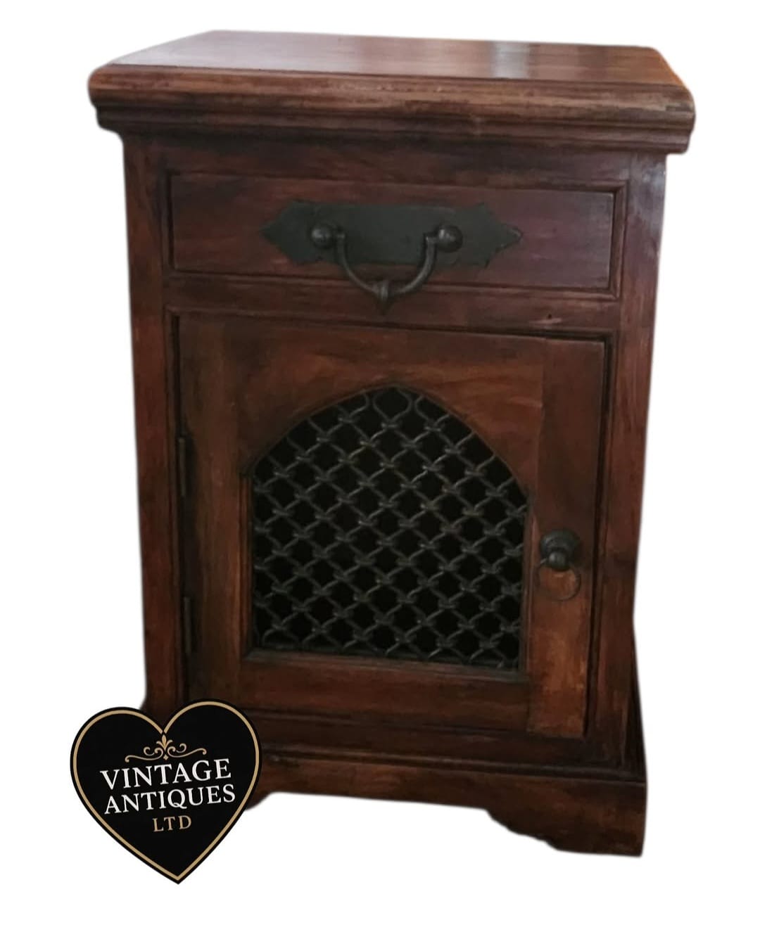 Vintage Wooden Bedside Cabinet with Drawer & Mesh Door